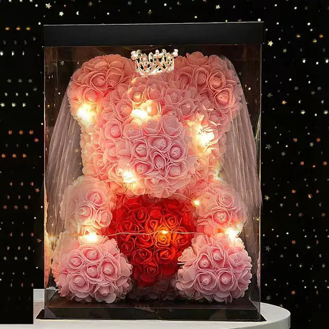 Flower Rose Teddybär 25/40cm leuchtend mit Box (verschiedene Farben)