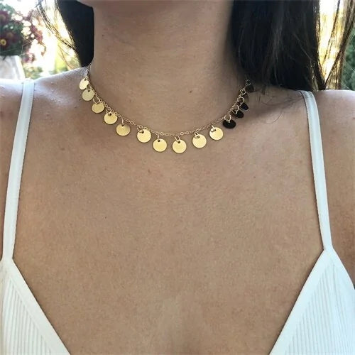 Sequins Coins Tassel Choker Necklace silver/gold