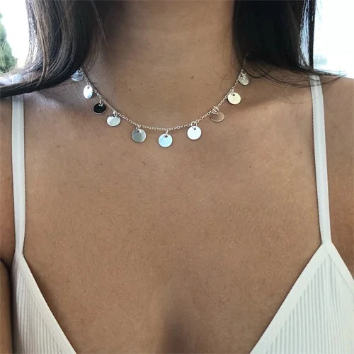 Sequins Coins Tassel Choker Necklace silver/gold